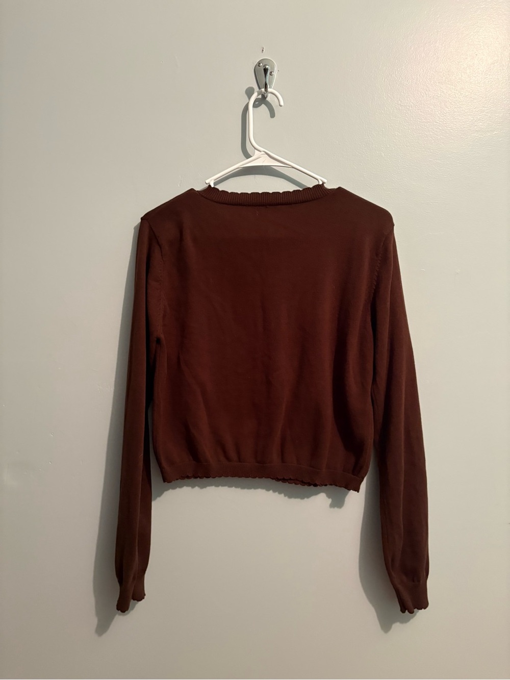 Chocolate Brown Cropped Button-Front Cardigan Scalloped Hem Women’s Size Small - Picture 7 of 8